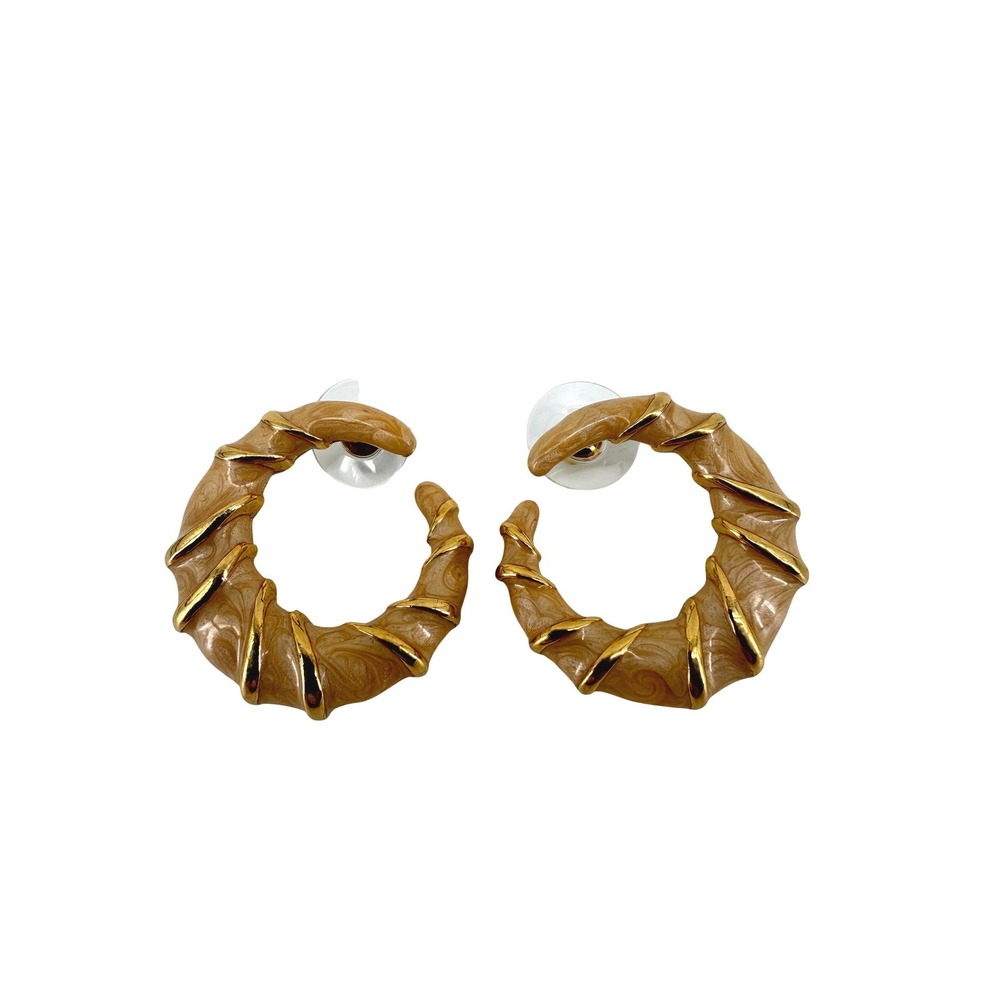 Napier‎ Vintage Gold Beige Marbled Enamel Ribbed Chunky Hoop Earrings Post Back